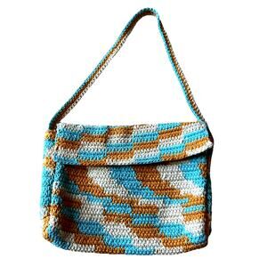 New Crochet Knit Purse Shoulder Bag Tan Blue Aztec Boho Hippie Retro Cotton ECO